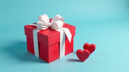 A small red gift box tied with a white ribbon, adorned with two hearts