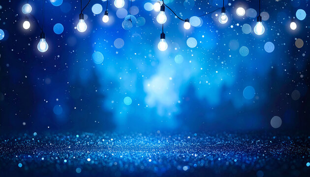 Blue bokeh lights and glowing bulbs illuminate a festive night scene image photo