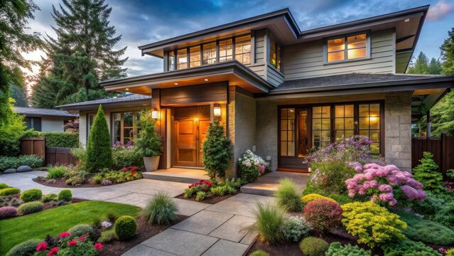 Evening Illumination of a Luxurious Modern Home with a Beautifully Landscaped Entrance and Walkway