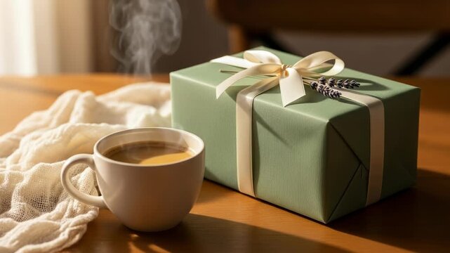 A steaming cup of coffee sits next to a beautifully wrapped sage green gift box tied with a cream ribbon and lavender sprig, 4k video