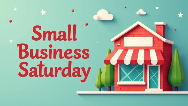 Banner announcing Small Business Saturday event in front of a cozy red house surrounded by trees