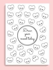 Mood tracking page template with cute kawaii hearts, mental health vector planner