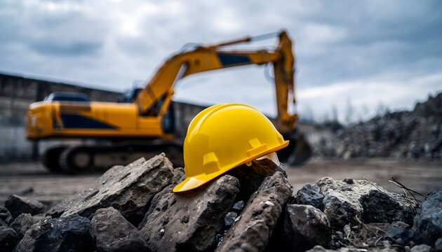 Construction site with excavator and hard hat on rubble