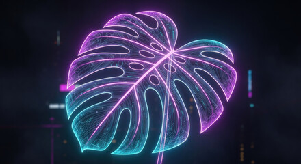 Fototapeta premium Neon glowing monstera leaf against a dark urban backdrop, symbolizing modern design and nature