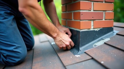 A person working on the rooftop to fix a chimney, one phrase about the main subject and another phrase suggesting where this image could be used