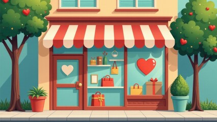 A store with a tree and a heart in the window, perfect for use in promotional materials or advertising