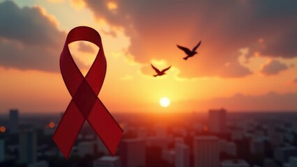 A red ribbon with a bird flying freely in the background, great for use as a symbol of freedom and hope