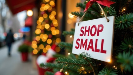 Small sign hung on a Christmas tree with festive decoration