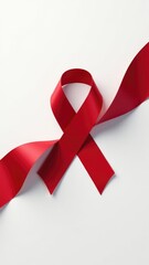 A single red ribbon lying flat on a white surface