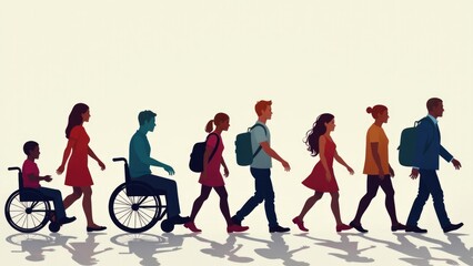 A group of people walking together with a child in a wheelchair, representing support and inclusivity