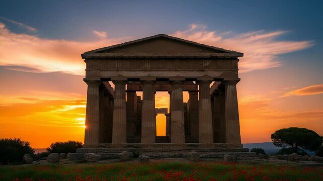 Ancient Greek Temple Silhouette Against a Fiery Sunset Sky.