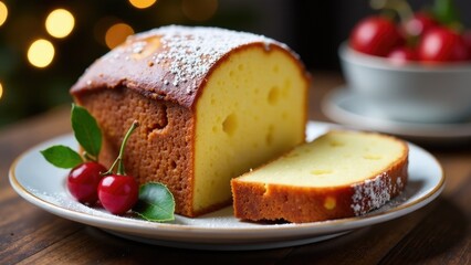 A delicious-looking loaf of cake served with fresh cherries on a plate, perfect for a dessert or snack