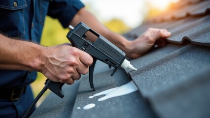 A person using a nail gun to apply paint to a roof, a common DIY or construction task