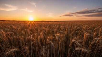 Obraz premium Golden wheat field at sunset captures the essence of nature's beauty and serenity