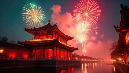 A Chinese building illuminated by colorful fireworks in the night sky
