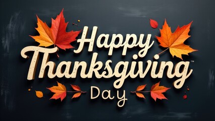 A happy Thanksgiving Day sign surrounded by colorful autumn leaves