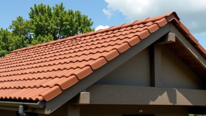 A residential roof with a distinctive red tiled section, ideal for real estate or architecture photos