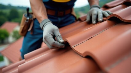 A person repairing or maintaining a red rooftop, possibly with a construction or fixing theme