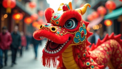 A large red dragon statue sits proudly in the middle of a city street, surrounded by people and buildings