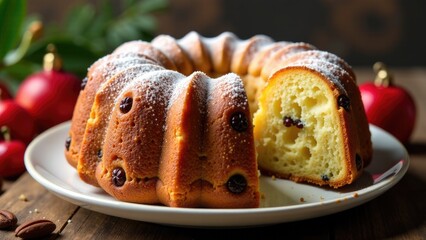 A slice taken from a bundt cake, showcasing its texture and flavors