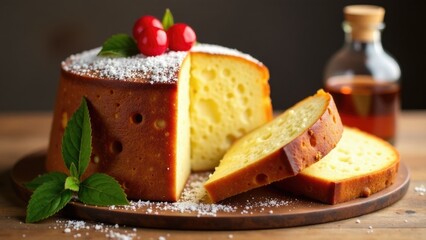 A slice of cake with syrup next to it