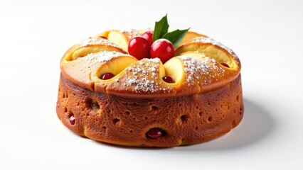A slice of cake topped with fresh fruits and powdered sugar, perfect for a dessert or snack