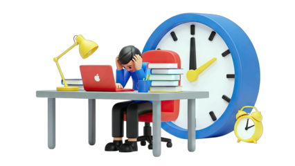 Stressed Man Working on Laptop with Clock and Desk