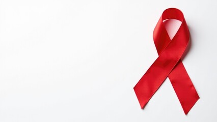 A single red ribbon lies on a white background
