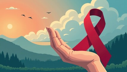 A person holds a red ribbon in front of a mountain, with scenic views