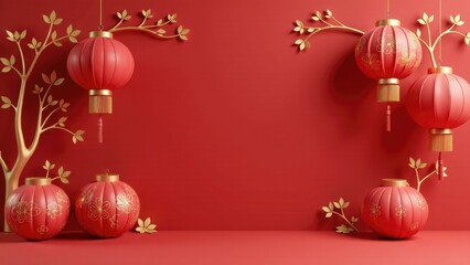 A grouping of vibrant red lanterns suspended from a tree branch, ideal for decoration or festive use