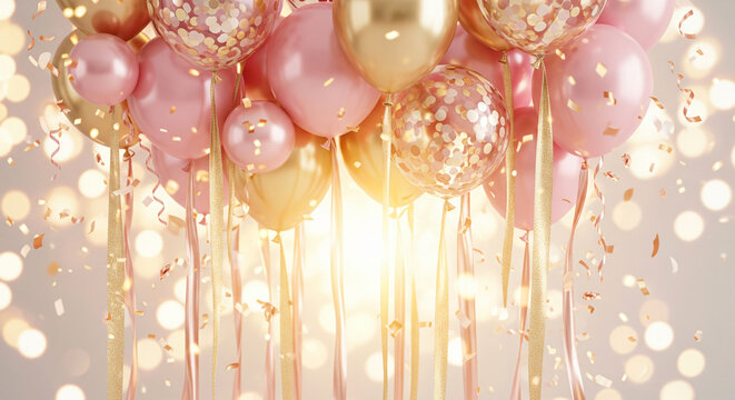 Rose gold balloons and confetti celebration background with bokeh lights - Powered by Adobe