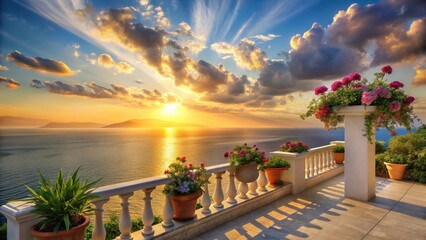 Serene Sunset Vista Balcony Blooms at Golden Hour, Overlooking a Tranquil Sea