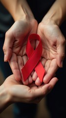A person holds a red ribbon in their hands, often used for awareness campaigns or as a symbol of support