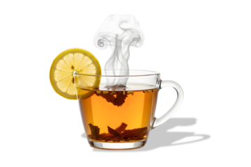 Steaming cup of tea with lemon slice and tea bag