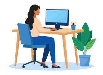 female worker working on computer at office desk illustration