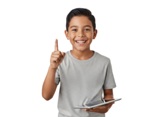 young hispanic boy (8-10) in grey t-shirt smiling, pointing his finger up (eureka gesture) while holding a modern digital tablet, against a transparent studio background. concept of e-learning and