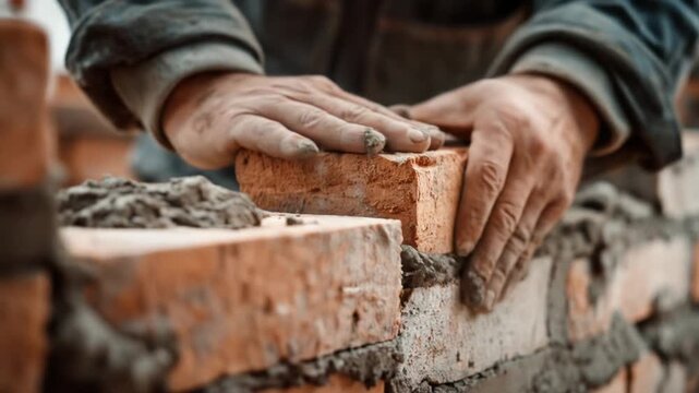 Close-up of weathered hands laying red bricks on a rough wall, cementing blocks together on site now