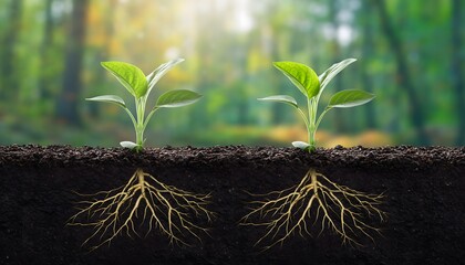 Vibrant green saplings with strong root systems, a concept of flourishing life and sustainable growth