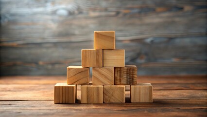 Wooden blocks arranged in a pyramid shape on a rustic wooden surface, showcasing natural textures and warm tones, perfect for concepts of growth, stability, or building