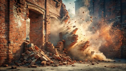 Demolition of a brick structure resulting in a dramatic cloud of dust and debris, showcasing the forceful impact and the scattering of fragments.