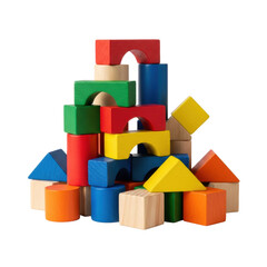 Fototapeta premium Dynamic stack of colorful, geometric wooden toy blocks (red, blue, green, yellow) on a transparent high-key studio background with crisp shadows. Concept of tactile construction play