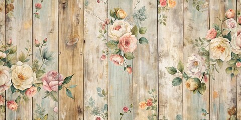Rustic Wooden Panel Background Featuring a Delicate Arrangement of Pastel Roses and Blossoms