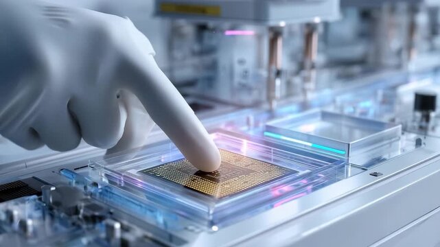 薄いグレーの手袋越しにCPUの接点へ触れる瞬間