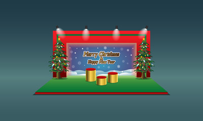 Christmas tree photo backdrop with lights and snow. Christmas decoration photo booth illumination. for Christmas stage backdrop. Holiday season.