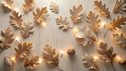 Warm autumnal ambiance dried oak leaves and glowing lights arranged on a light wood surface