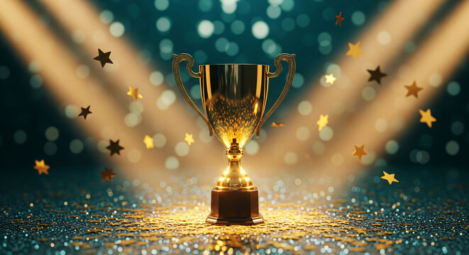 A shining gold trophy on a velvet podium with dramatic spotlight. event key visuals, club posters, designed for fitness apps and gym onboarding, drives event promotion. - Powered by Adobe