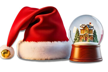 Festive santa hat and snowy christmas village snow globe
