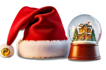 Festive santa hat and snowy christmas village snow globe