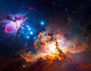Colorful nebula with bright stars, cosmic clouds against dark background