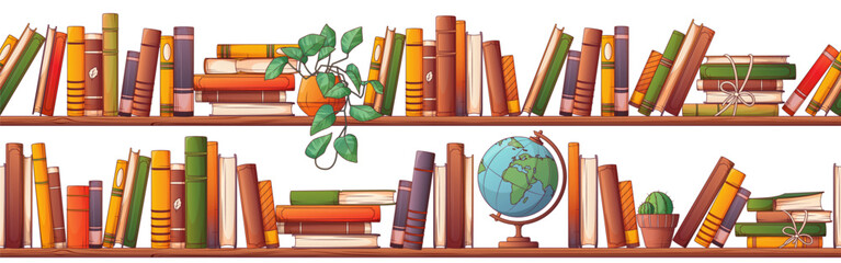 Vector seamless pattern from illustration of wooden bookshelves filled with colorful books, volumes, decor items. Book lover, bookstore, library concept. Isolated on white. © Gulsim